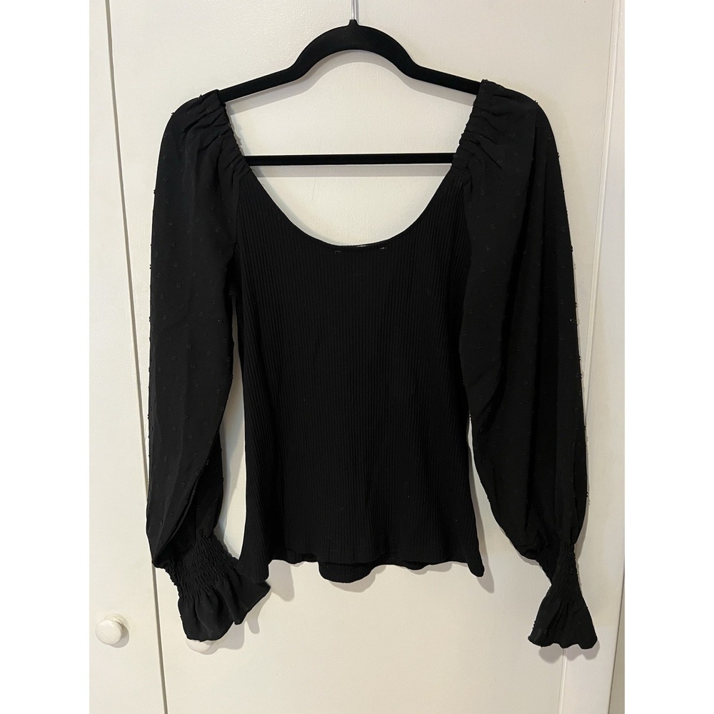 Angashion Women's Medium Black Top Ribbed With Long‎ Chiffon Sleeves Dot - Picture 5 of 6